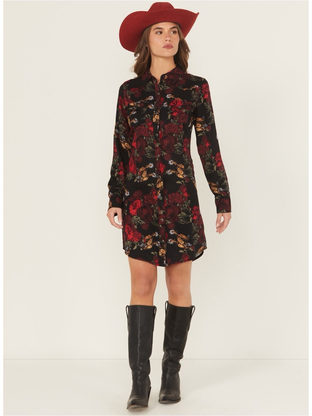 WRANGLER RETRO WOMEN'S FLORAL SPUR PRINT LONG SLEEVE SNAP MINI DRESS, NWT L